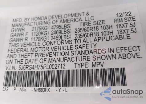 2023 Honda Cr-V Ex-L Awd из США, поврежденный, VIN 5J6RS4H75PL002713